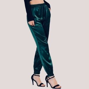 Large Dark Green Satin Jogger Emerald Silk-like Pants Elastic Waistband size [L]